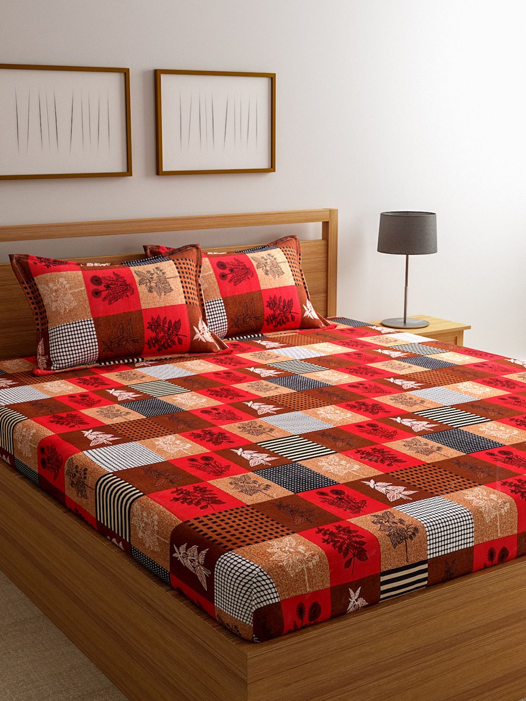 ROMEE Multicoloured Graphic 144 TC Cotton 1 Queen Bedsheet with 2 Pillow Covers Price in India