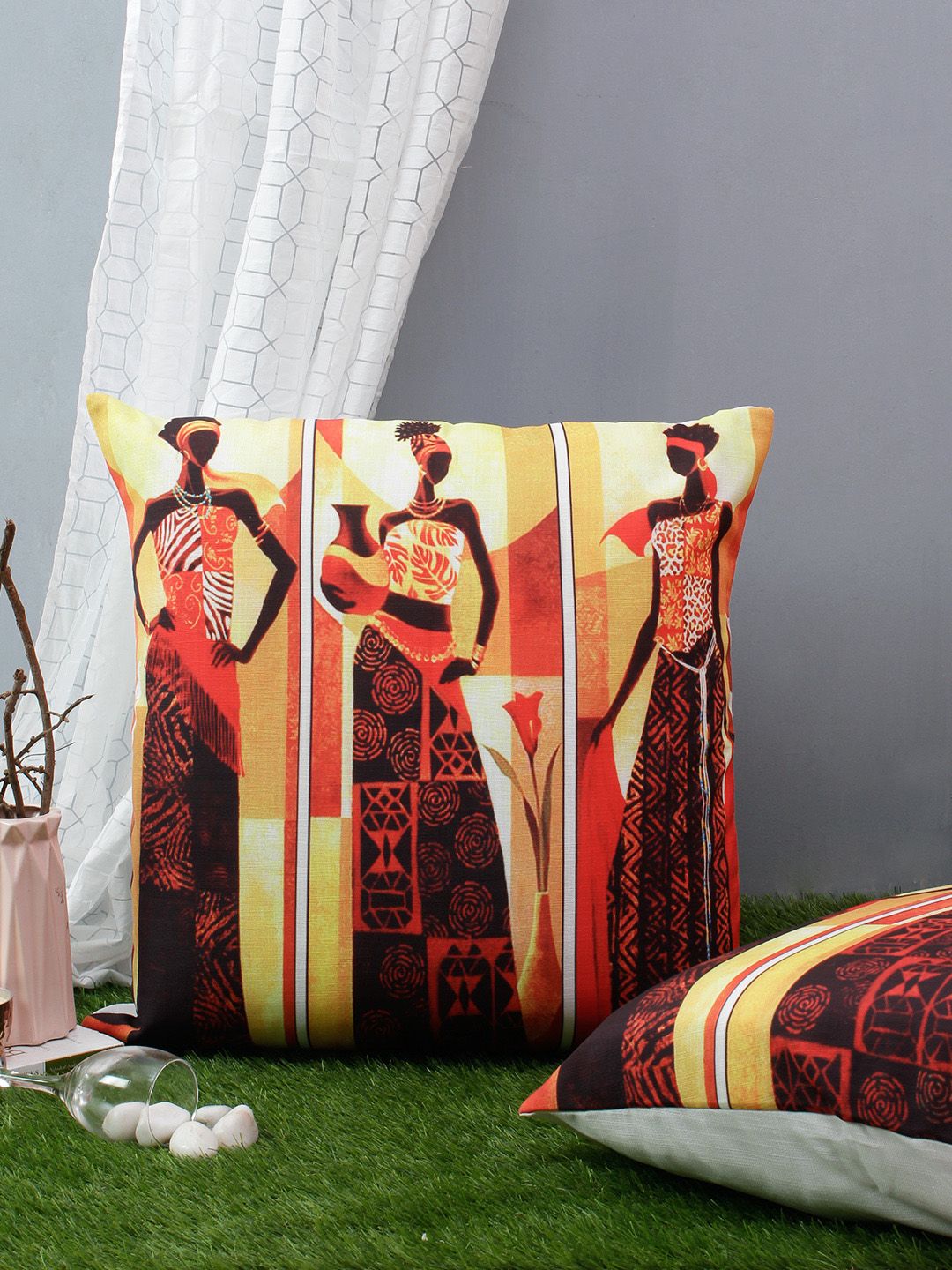 Soumya Set of 2 Yellow & Black Digital Print Square Cushion Covers Price in India
