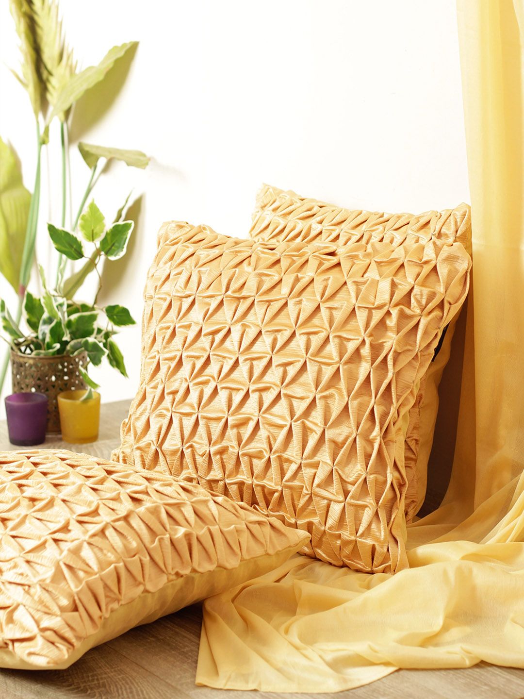 ROMEE Beige Set of 3 Geometric Square Cushion Covers Price in India