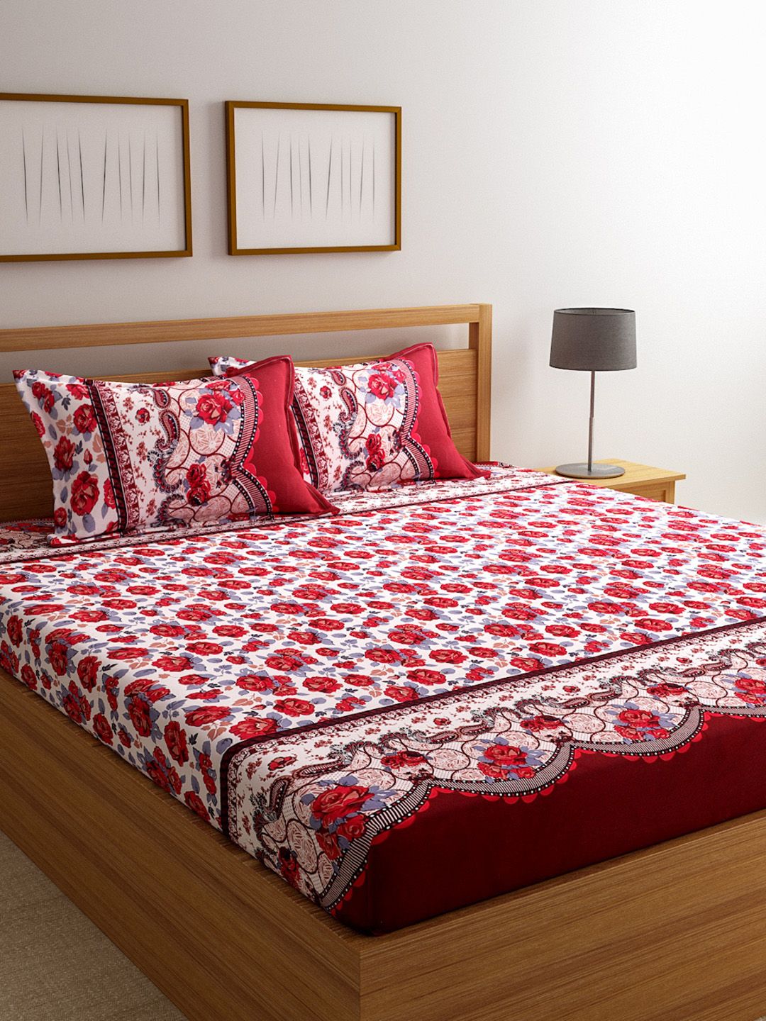 ROMEE White & Red Floral 144 TC Cotton 1 Queen Bedsheet with 2 Pillow Covers Price in India
