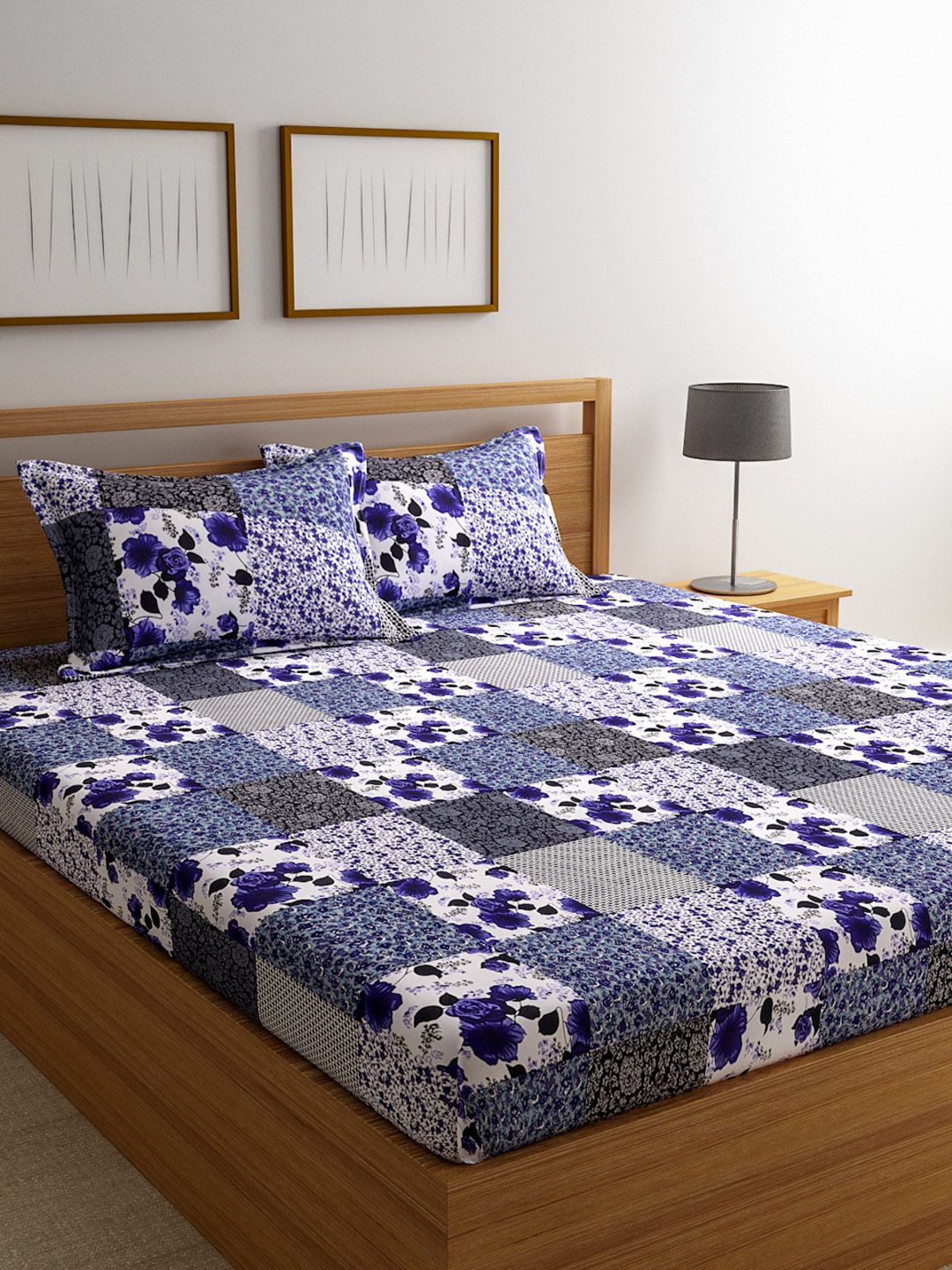 ROMEE Blue Floral 144 TC Cotton 1 Queen Bedsheet with 2 Pillow Covers Price in India