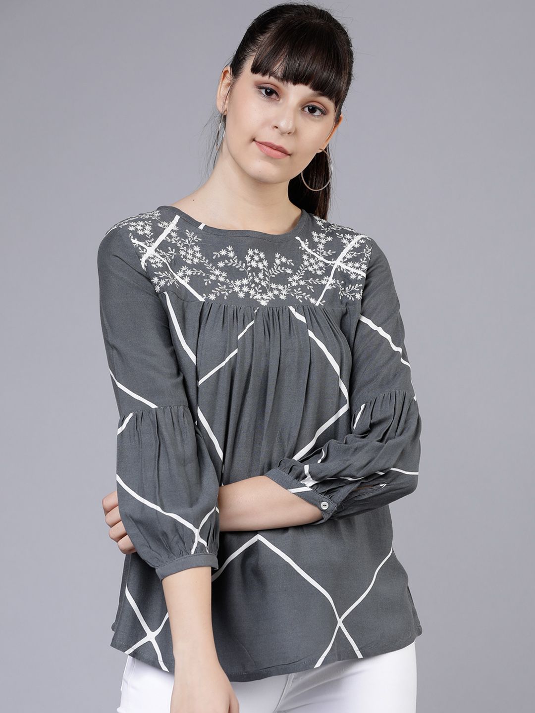 Vishudh Women Grey and White Printed A-Line Top Price in India