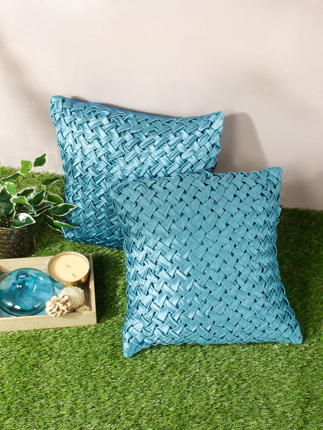 ROMEE Turquoise Blue Set of 2 16" x 16" Geometric Square Cushion Covers Price in India