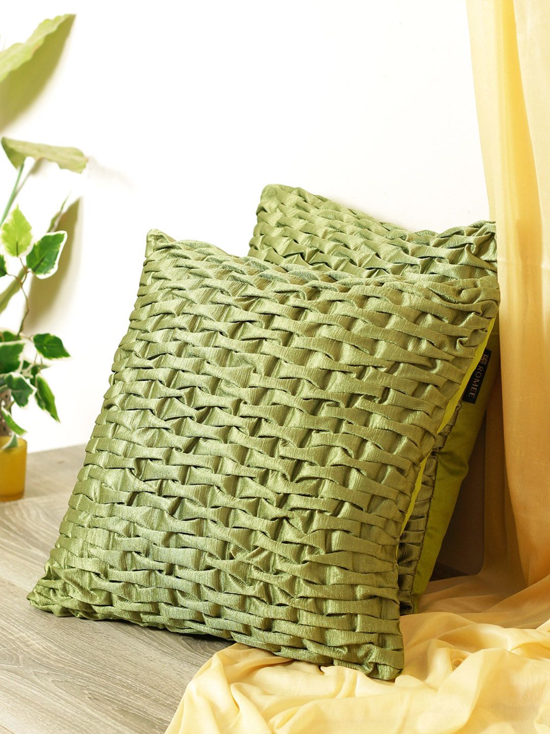 ROMEE Set of 2 Green Self Design Square Cushion Covers Price in India