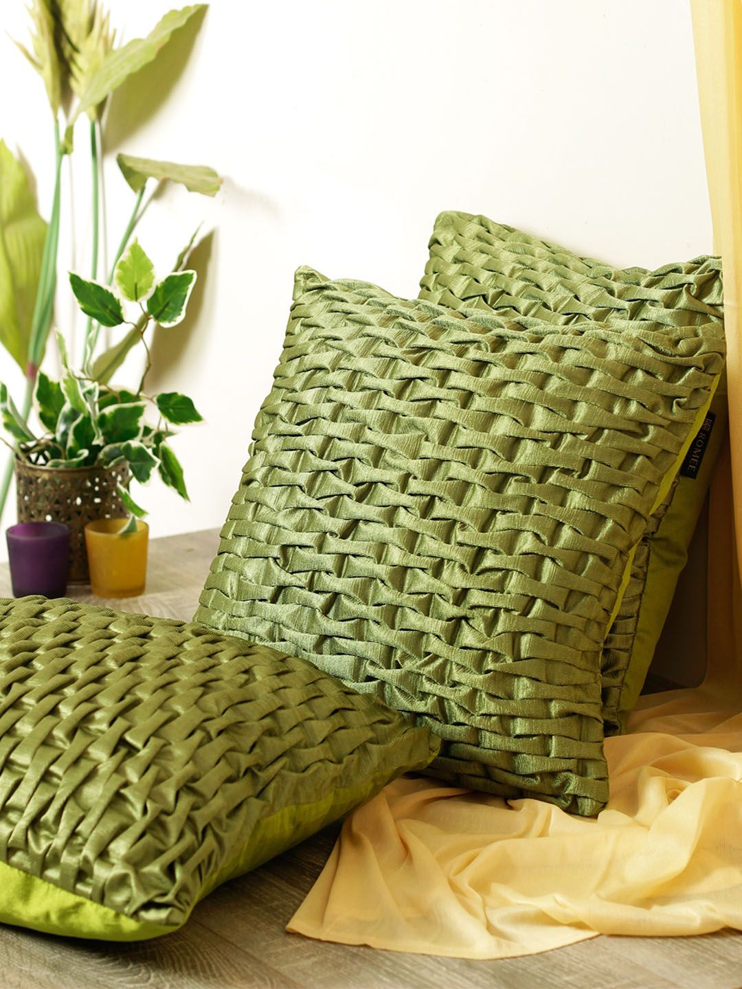 ROMEE Set of 3 Green Self Design Square Cushion Covers Price in India