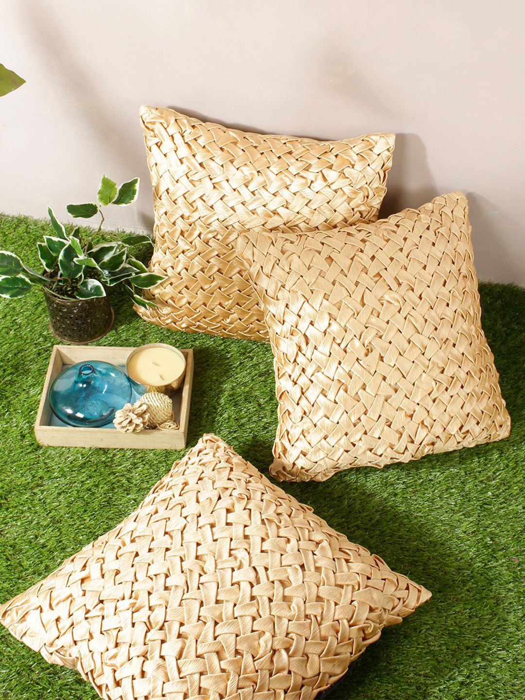 ROMEE Beige Set of 3 Geometric Square Cushion Covers Price in India