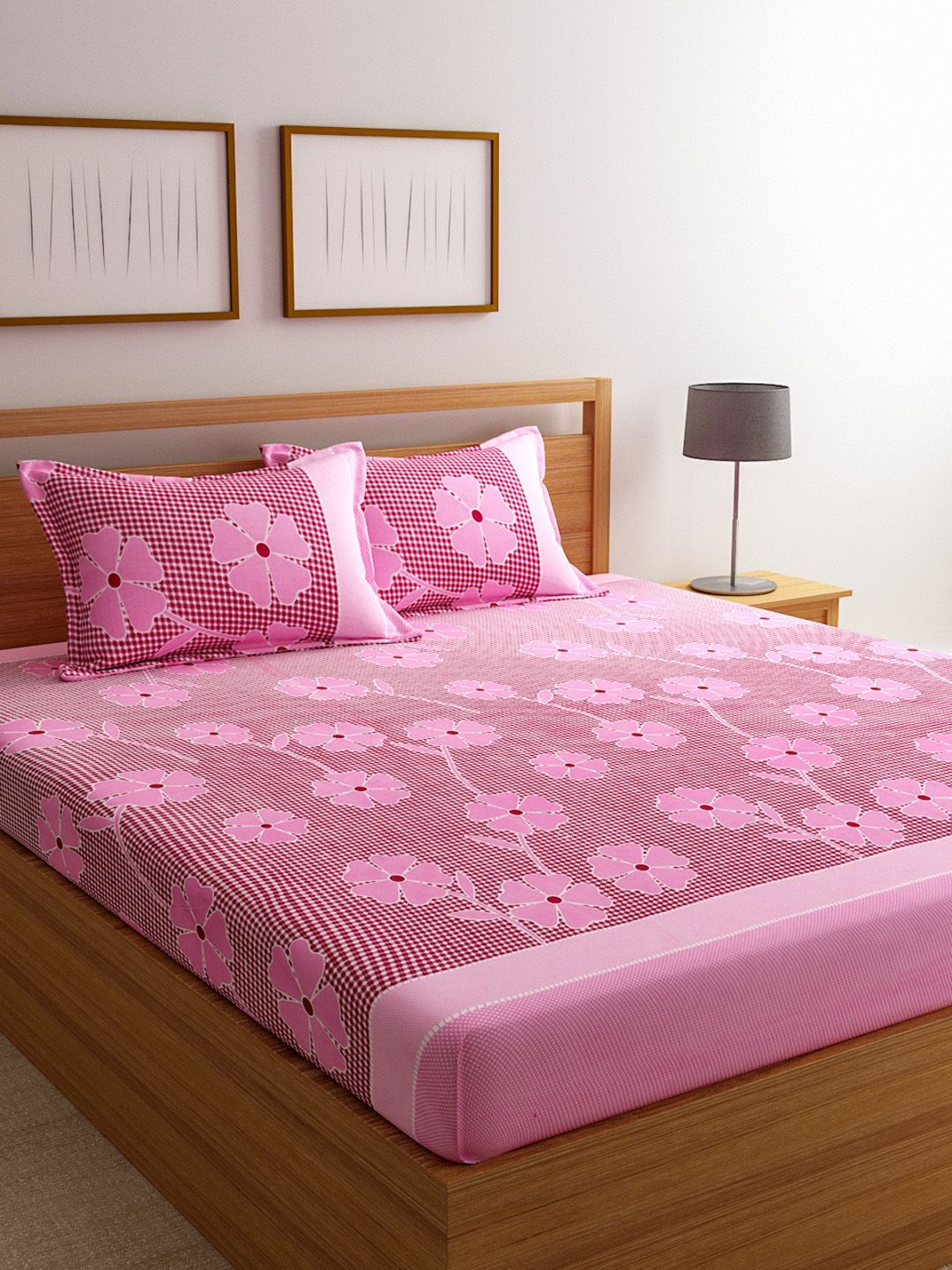 ROMEE Pink Floral 144 TC Cotton 1 Queen Bedsheet with 2 Pillow Covers Price in India