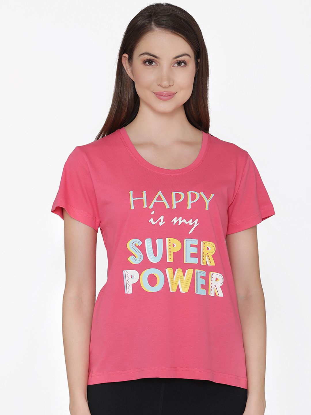 Clovia Women Pink Printed Round Neck Lounge T-shirt LT0124P14 Price in India