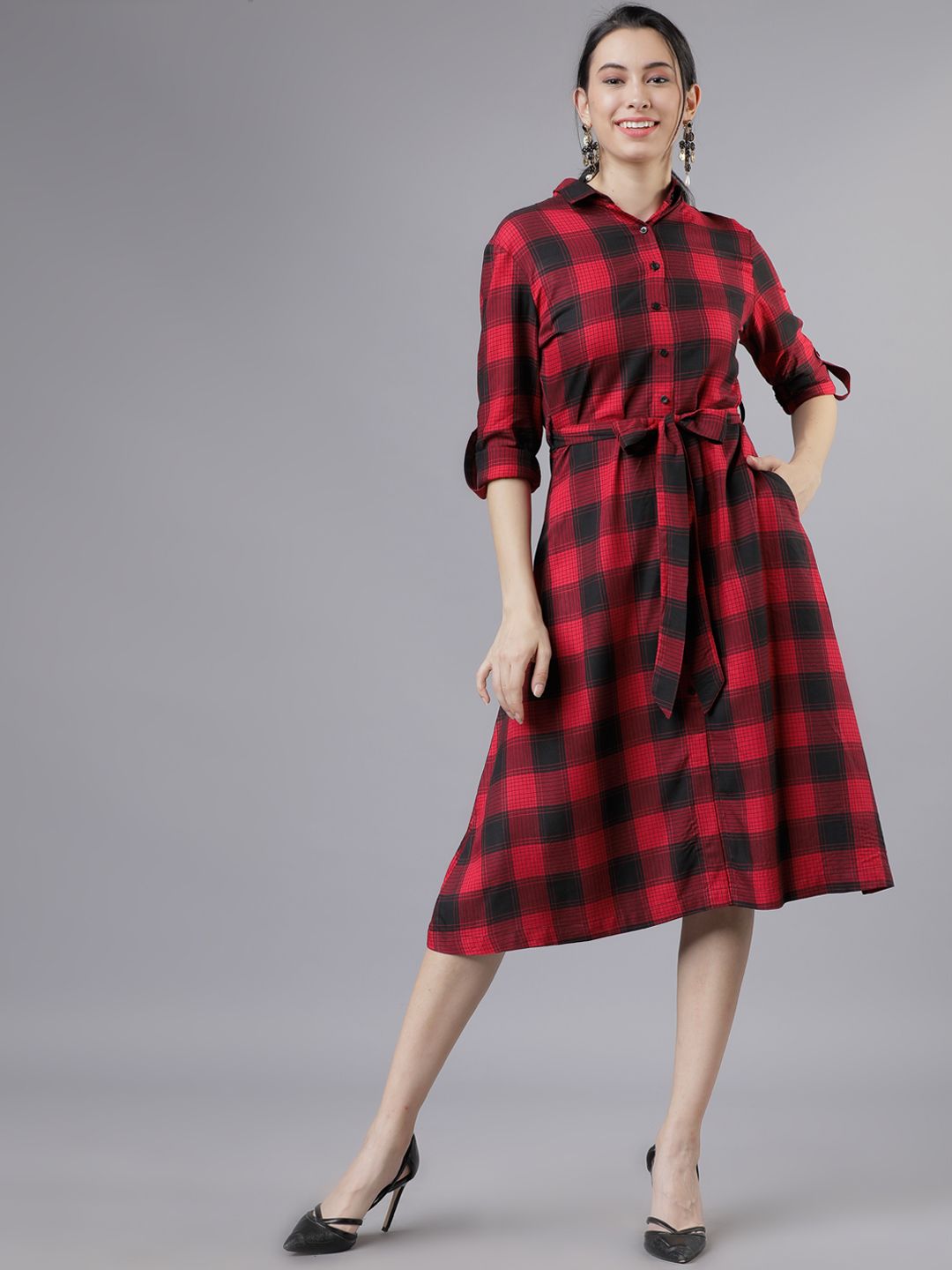 red and black shirt dress Flannel Plaid Shirt Dress: Long Tartan Kaftan