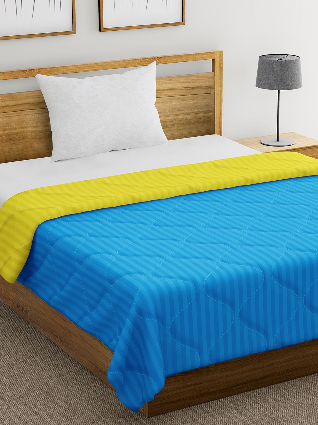 Divine Casa Blue & Yellow Striped Reversible Mild Winter 150 GSM Single Bed Comforter Price in India