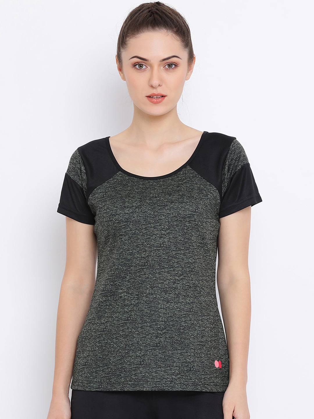 Clovia Women Charcoal Grey & Black Colourblocked Round Neck T-shirt Price in India