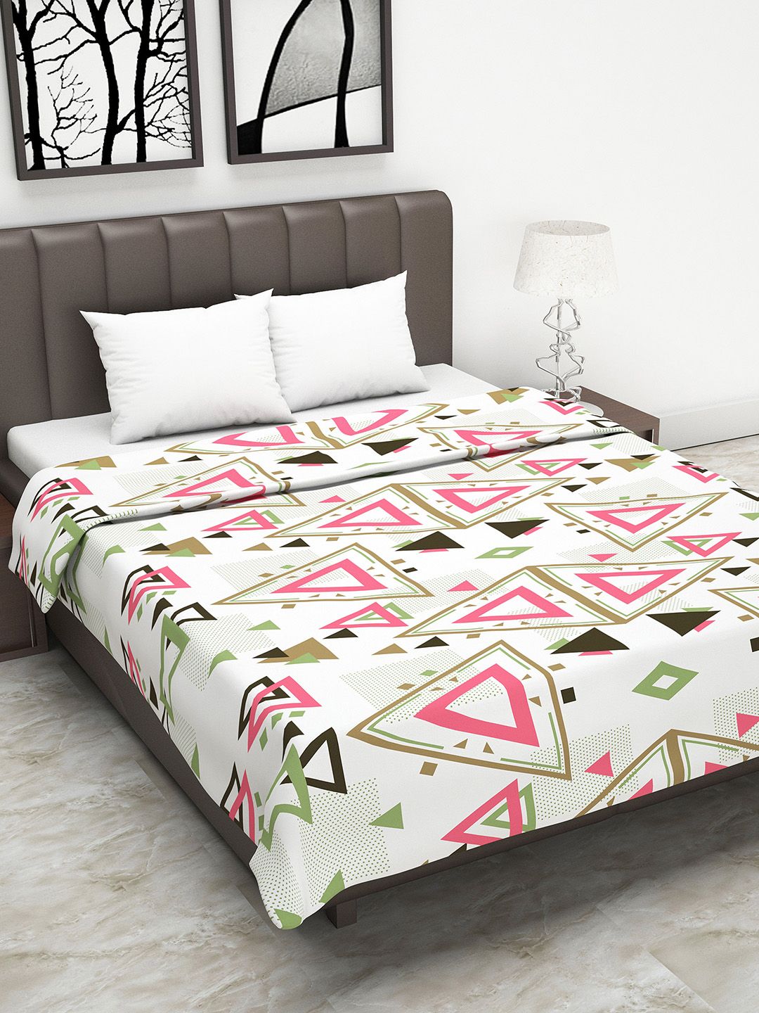 Divine Casa White & Pink Geometric AC Room 110 GSM Double Bed Dohar Price in India