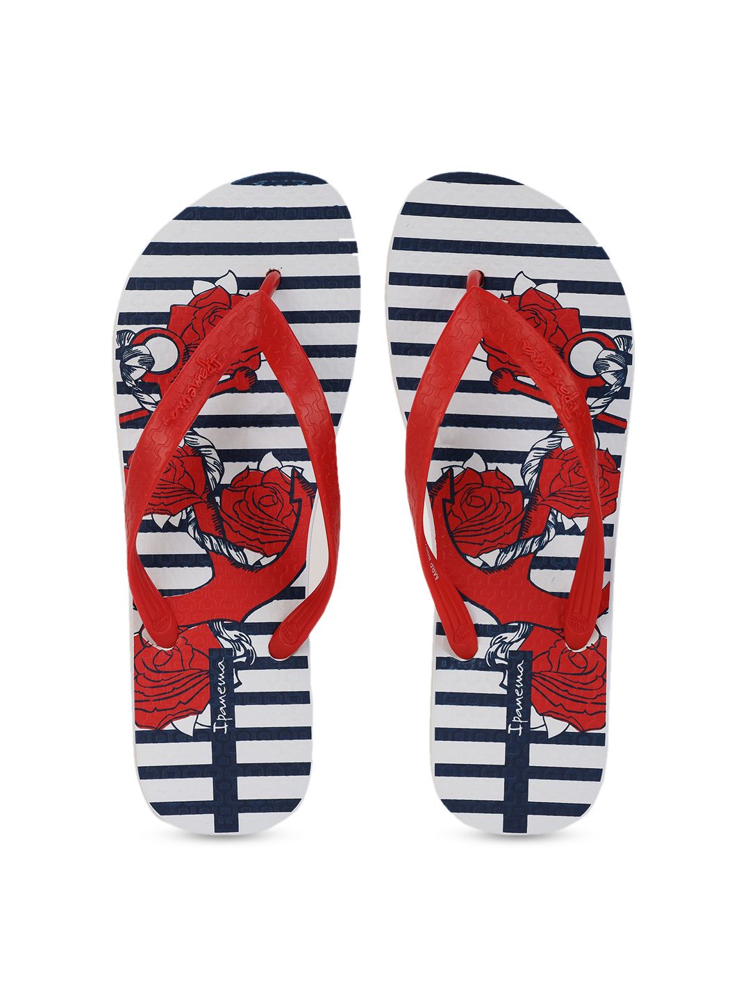 iPanema Women Red & White Printed Thong Flip-Flops with Striped Detail Price in India