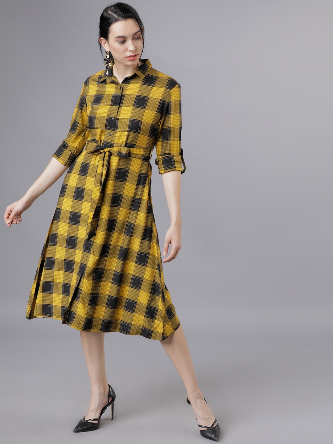 Tokyo Talkies Women Mustard Yellow & Black Shirt Dress Price in India