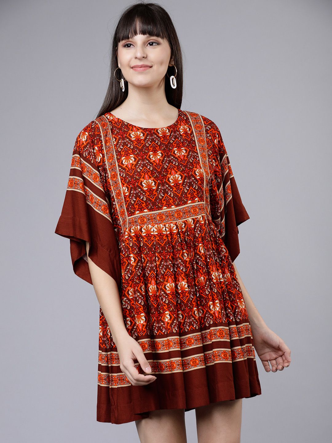 Tokyo Talkies Women Rust Red & Orange Printed A-Line Dress Price in India