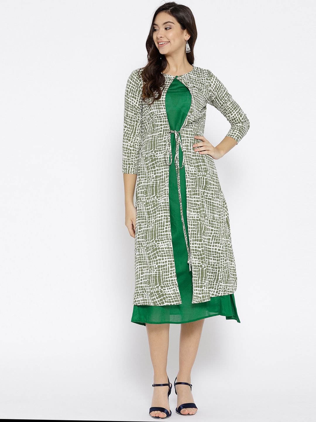 Cottinfab Women White & Green Checked Layered A-Line Dress Price in India