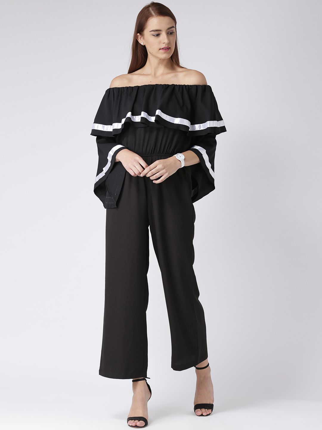 KASSUALLY Women Black Solid Ruffled Basic Jumpsuit Price in India