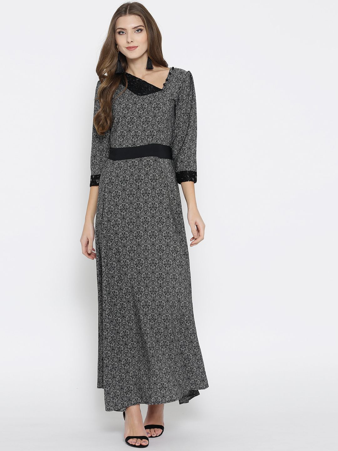 Cottinfab Women Grey & Black Maxi Dress Price in India