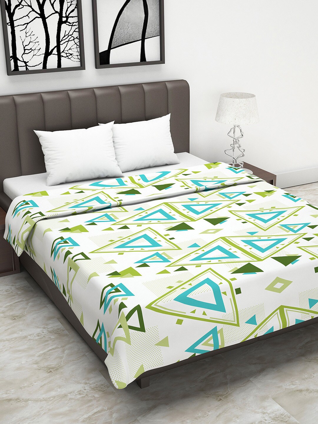 Divine Casa White & Turquoise Blue Geometric AC Room 110 GSM Double Bed Dohar Price in India