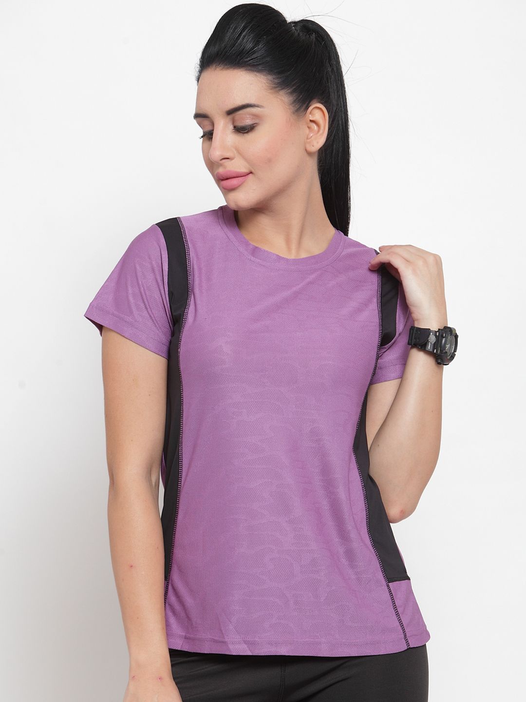 Boston Club Women Purple & Black Colourblocked Round Neck Gym T-shirt