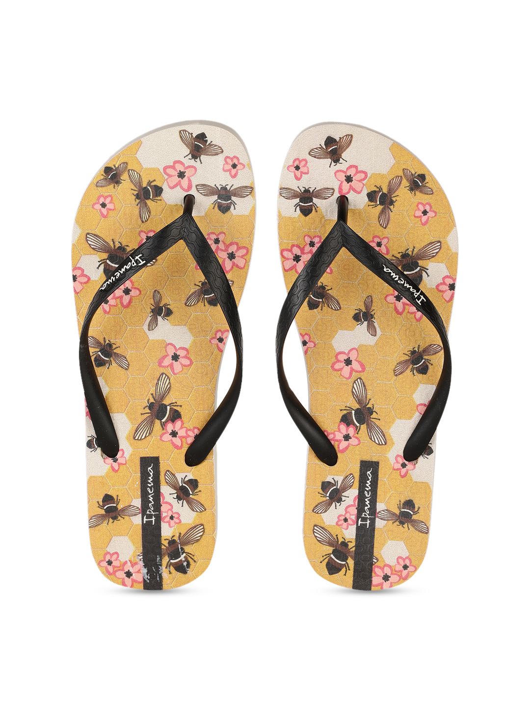 iPanema Women Black & Mustard Yellow Printed Thong Flip-Flops Price in India