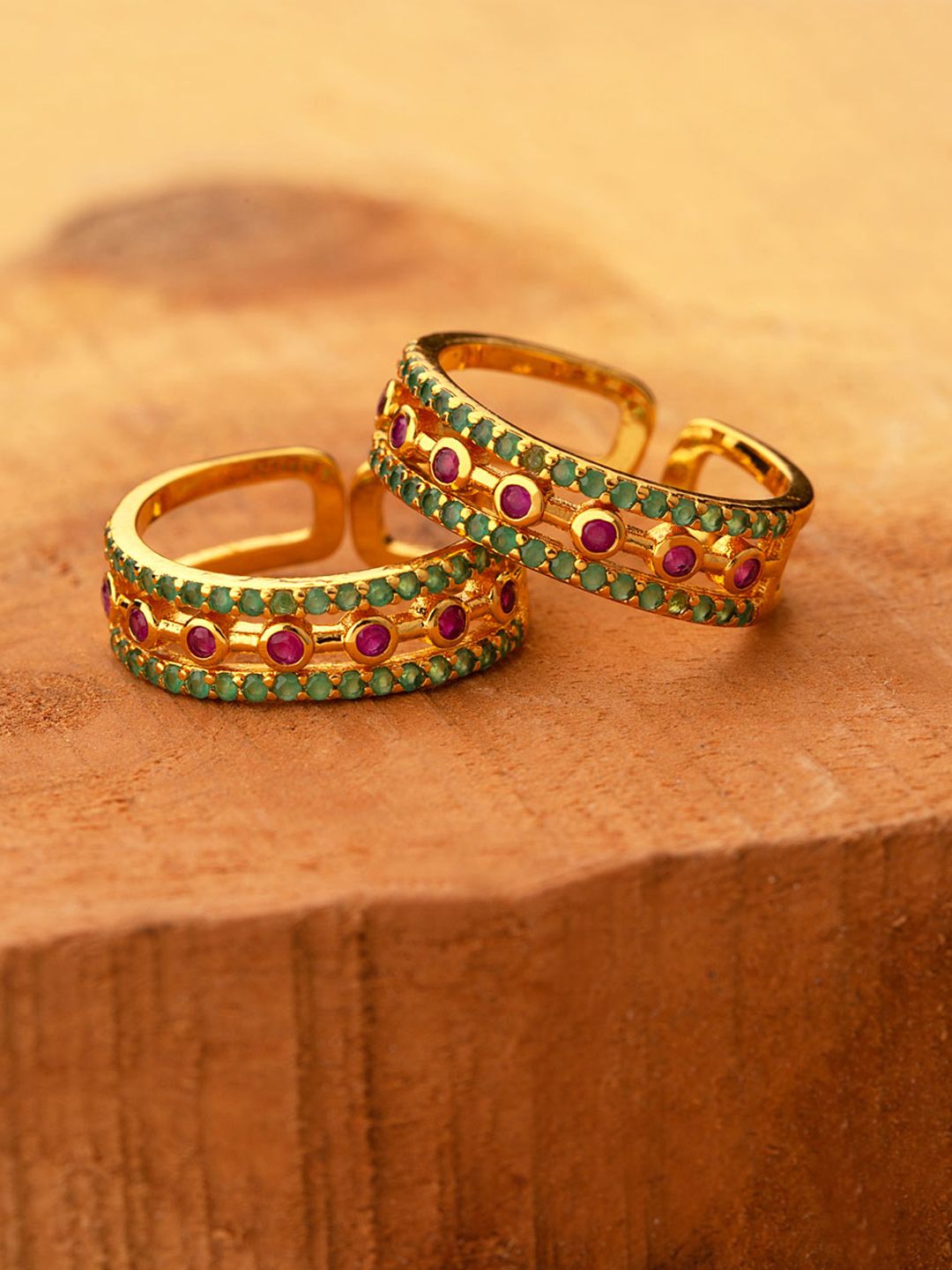 Voylla Women Set of 2 Brass-Plated Gold-Toned & Green CZ-Studded Toe Rings Price in India
