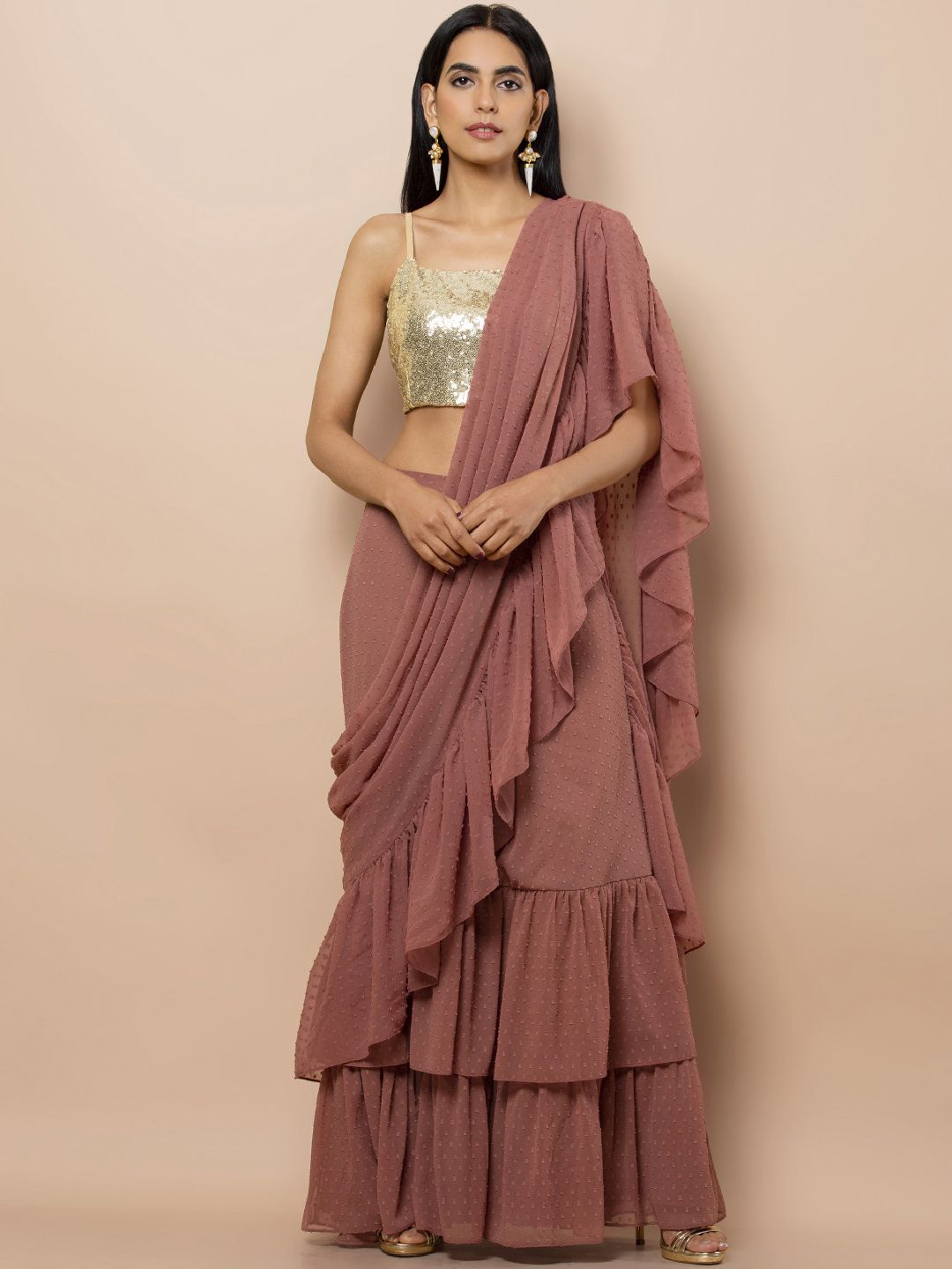 INDYA Pink Self Design Ruffled Ready to wear Drape Saree Price in India