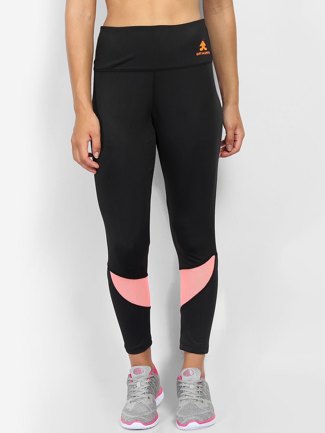 OFF LIMITS Women Black & Peach-Coloured Colourblocked Running Tights Price in India