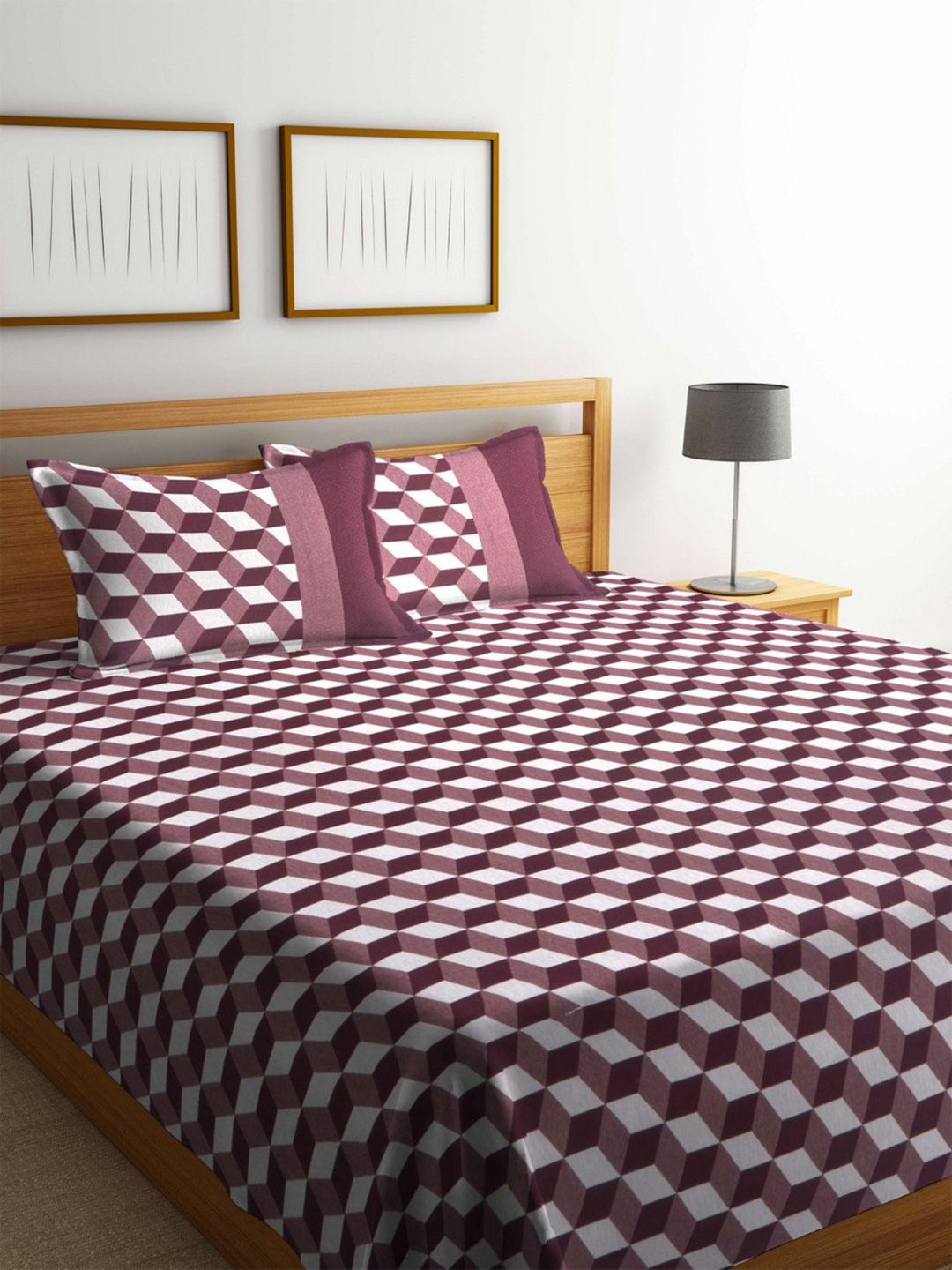 ROMEE Maroon & Off White Printed 180TC Reversible Double Bed Cover with 2 Pillow Covers Price in India
