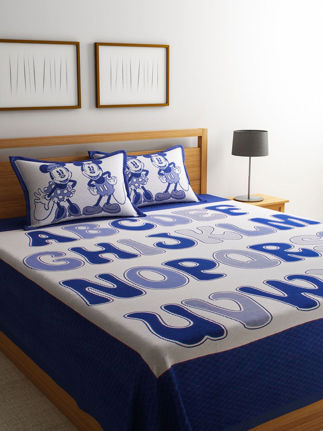 ROMEE Navy Blue & White Printed 180TC Double Bed Cover with 2 Pillow Covers Price in India