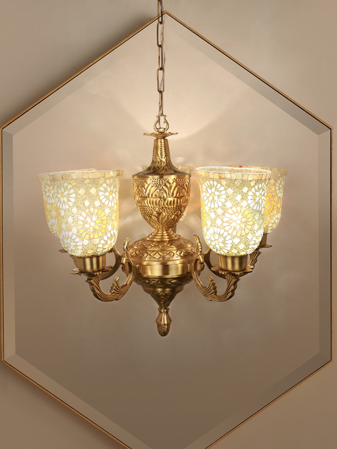 Fos Lighting Gold-Toned Brass Cluster Light with Tilak Mosaic Glass Shades Price in India