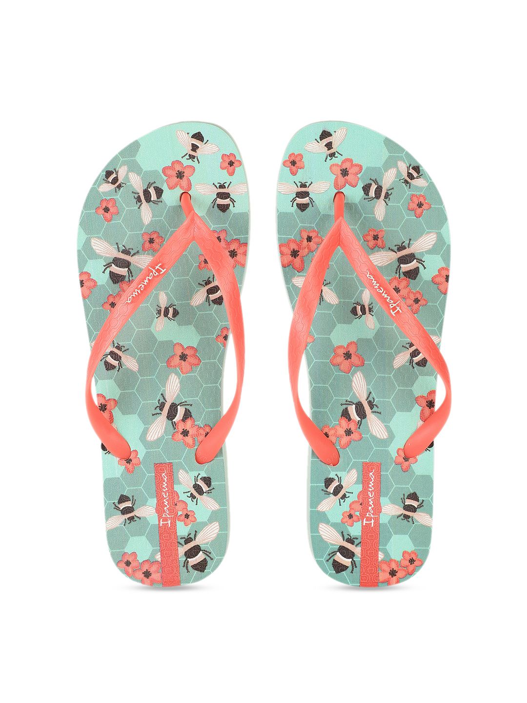 iPanema Women Coral Orange & Green Printed Thong Flip-Flops Price in India