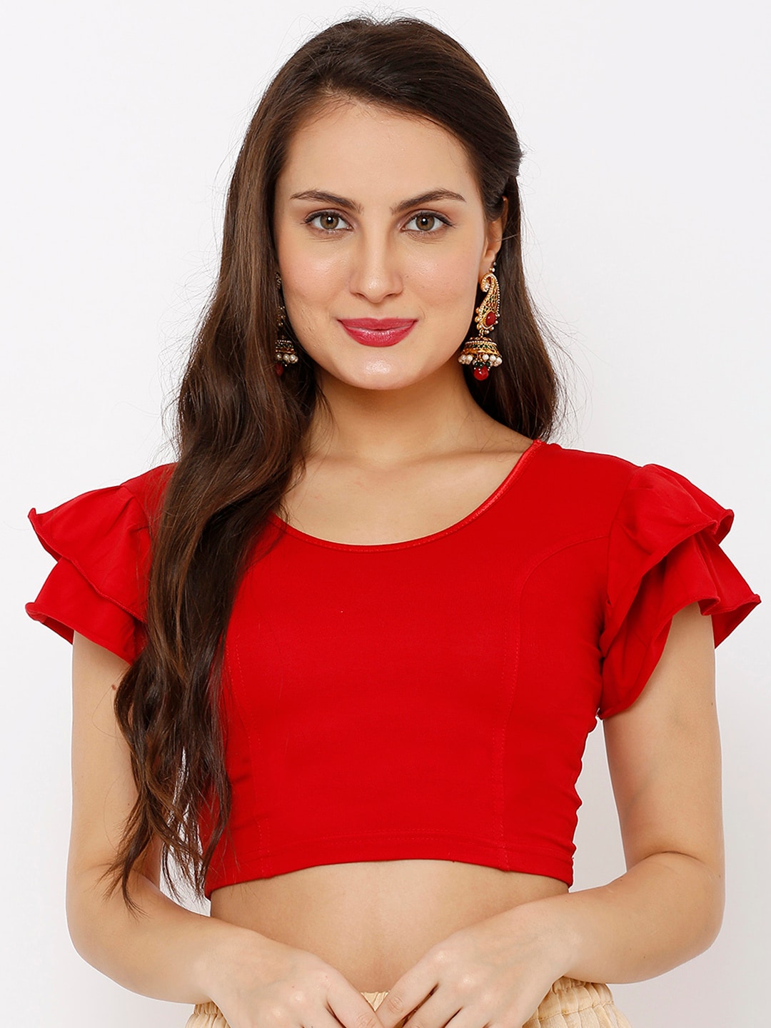 Salwar Studio Red Solid Stretchable Readymade Saree Blouse Price in India