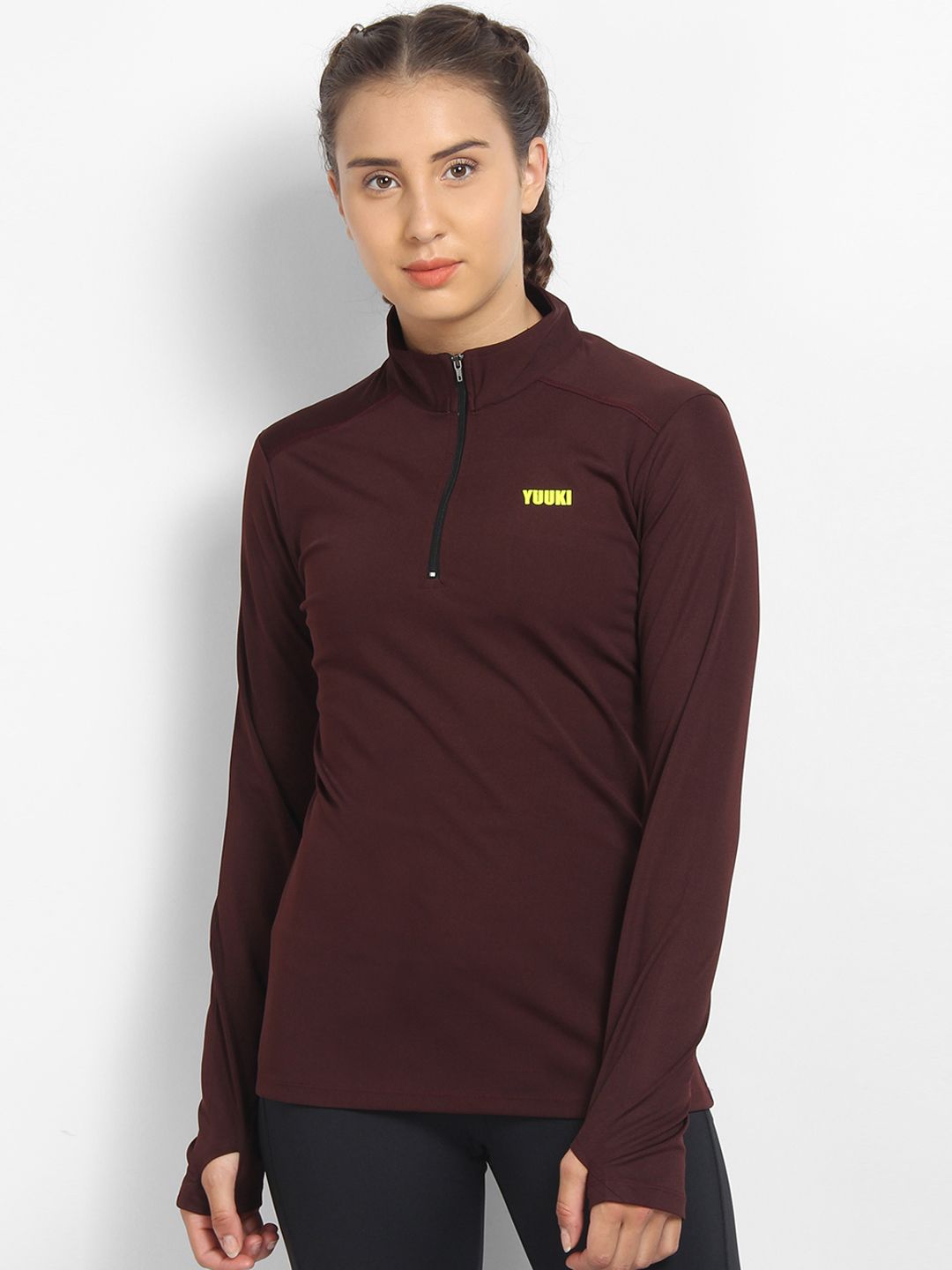 Yuuki Women Maroon Solid High Neck T-shirt Price in India