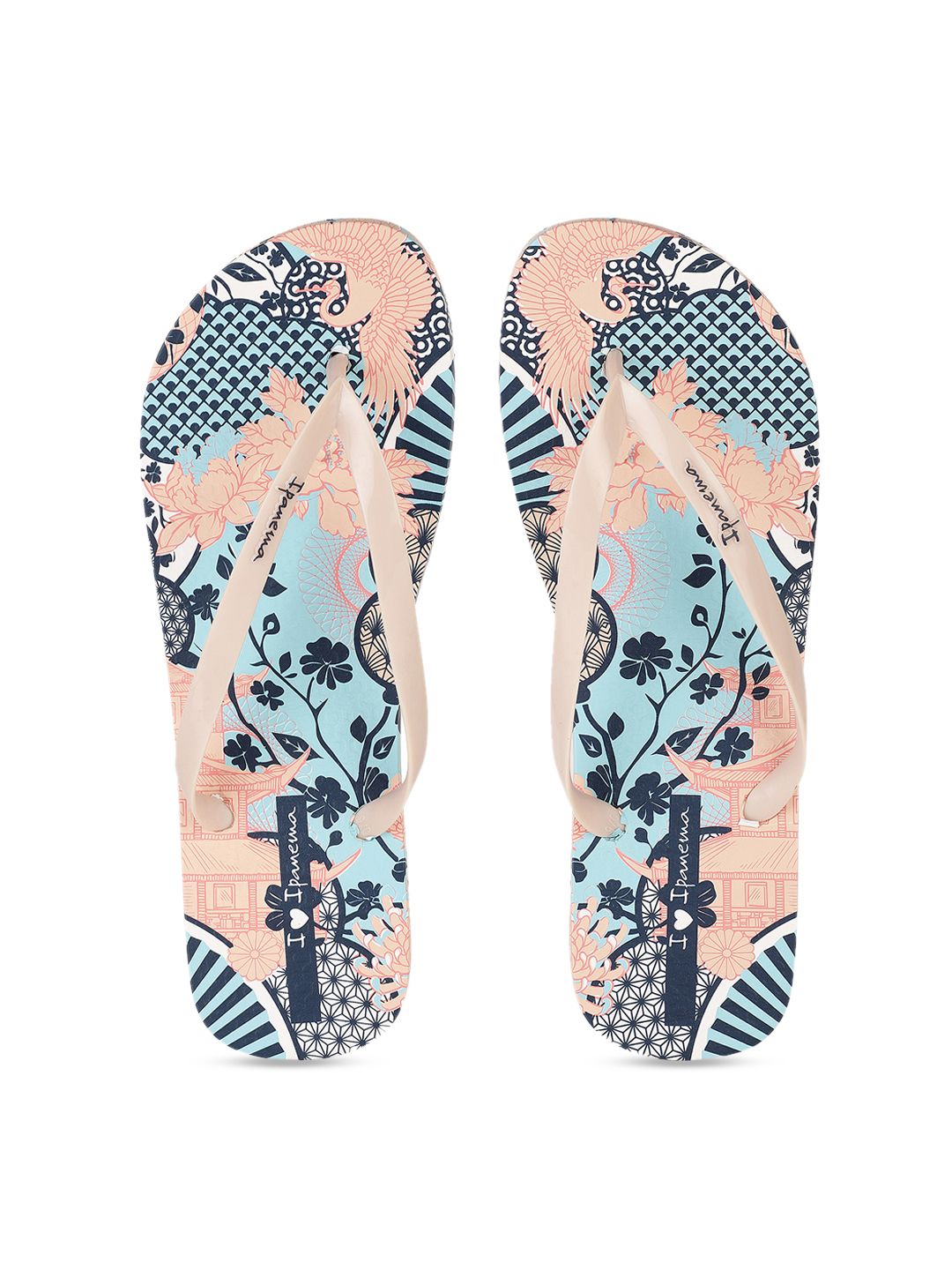 iPanema Women Peach-Coloured & Blue Printed Thong Flip-Flops Price in India