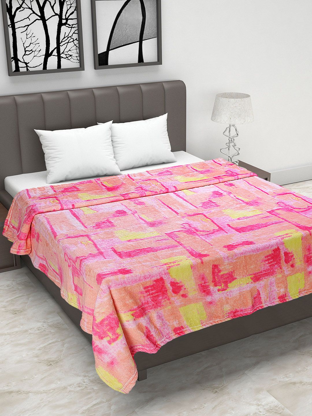 Status Pink & Yellow Printed Mild Winter 200 GSM Double Bed Blanket Price in India