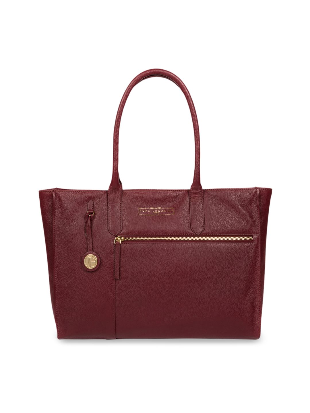 PURE LUXURIES LONDON Women Maroon Solid Genuine Leather Buckingham Tote Bag Price in India