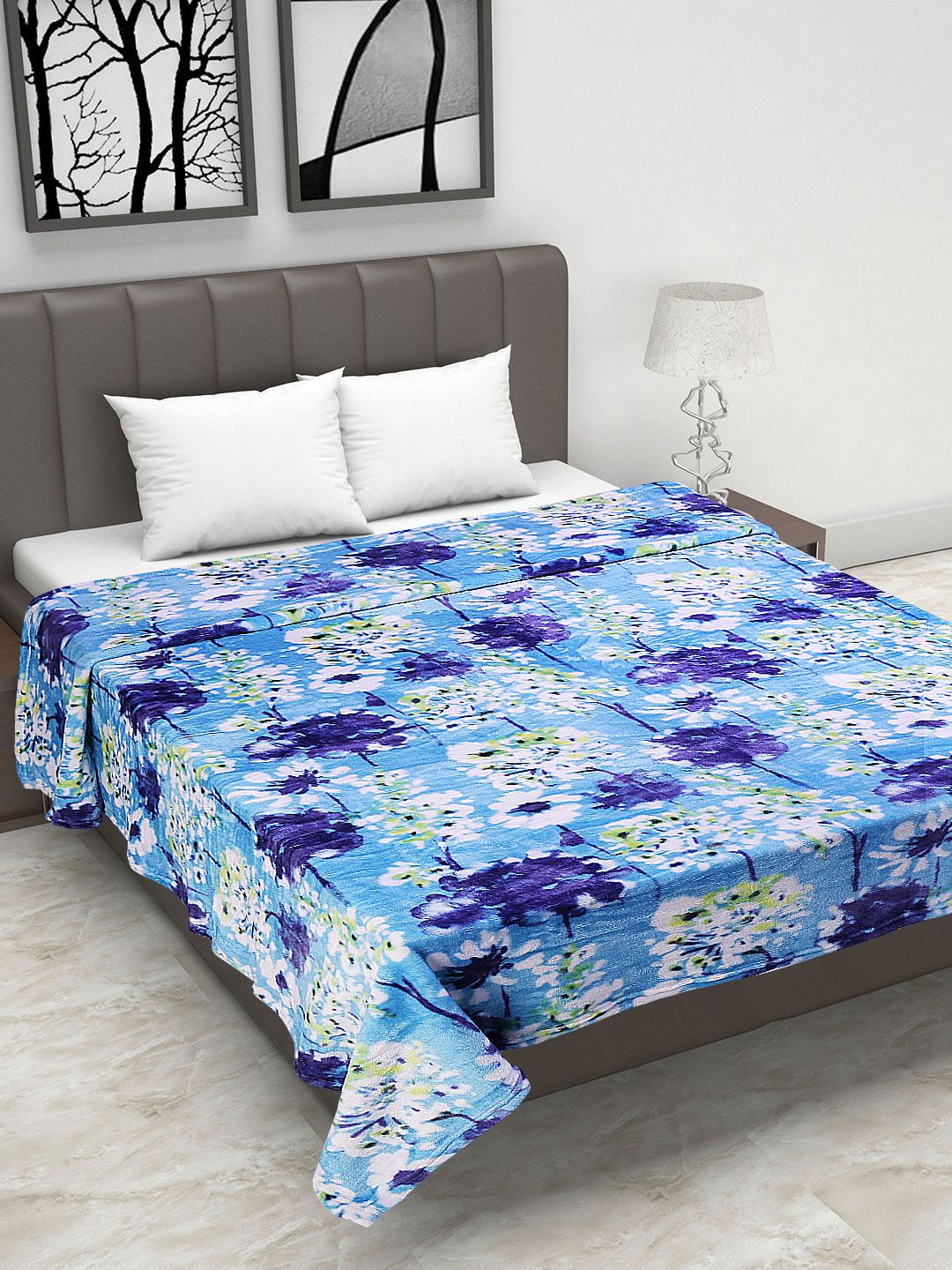 Status Blue Floral AC Room 200 GSM Flannel Double Bed Blanket Price in India