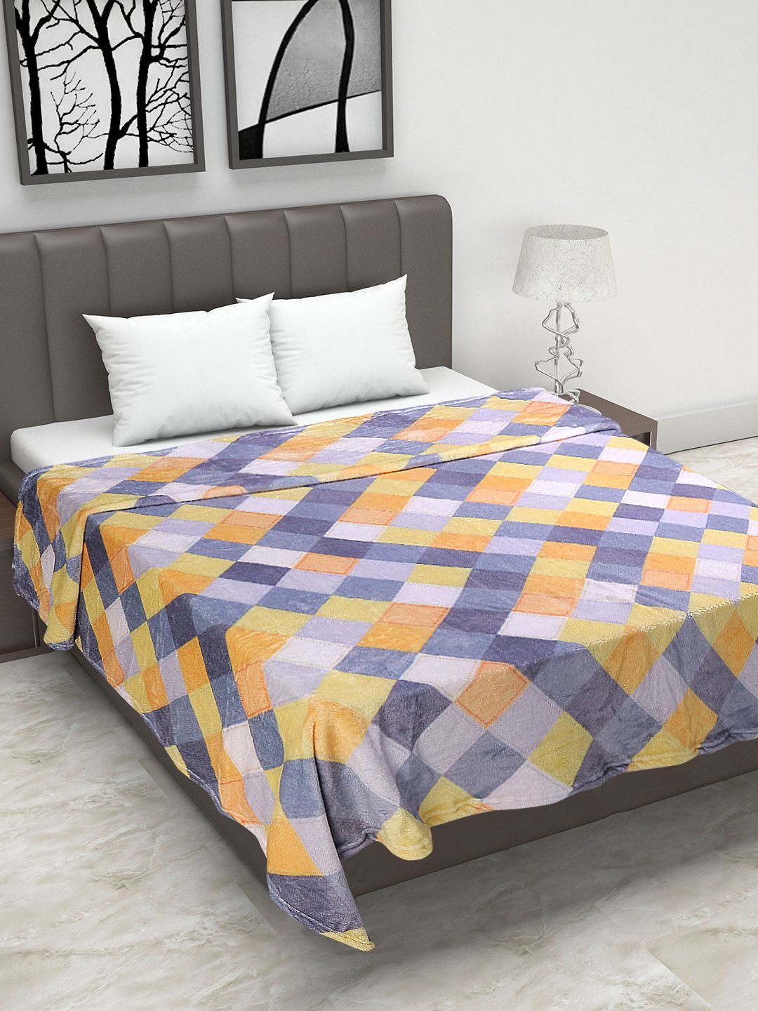 Status Yellow & Grey Geometric AC Room 200 GSM Flannel Double Bed Blanket Price in India