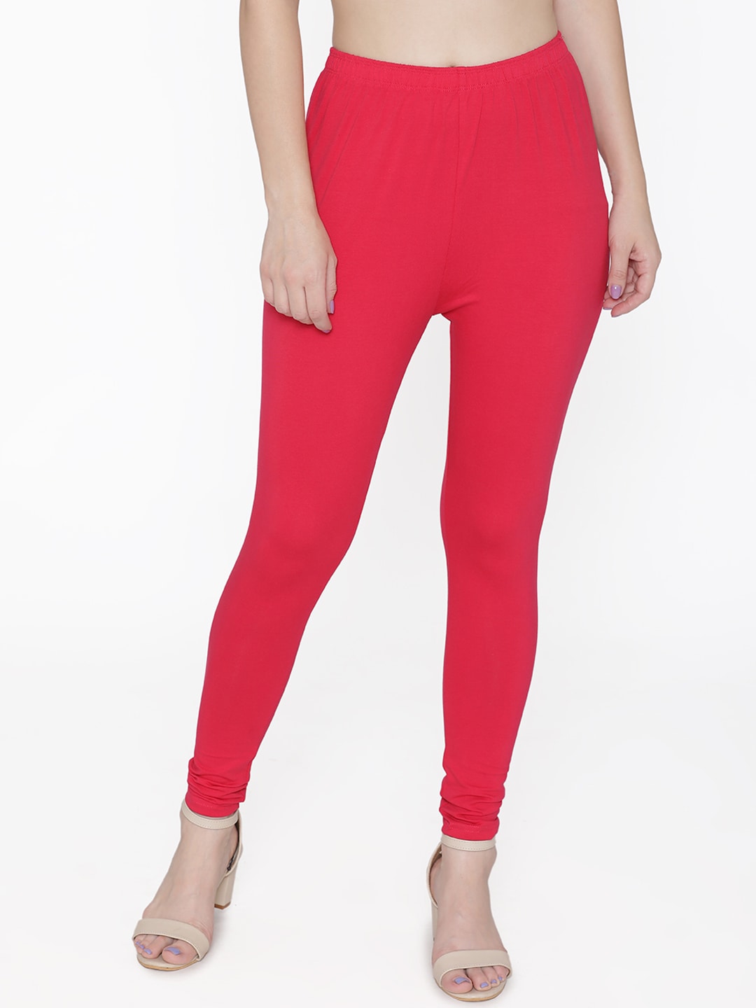 N-Gal Women Coral Red Solid Mid-Rise Ankle Length Leggings Price in India