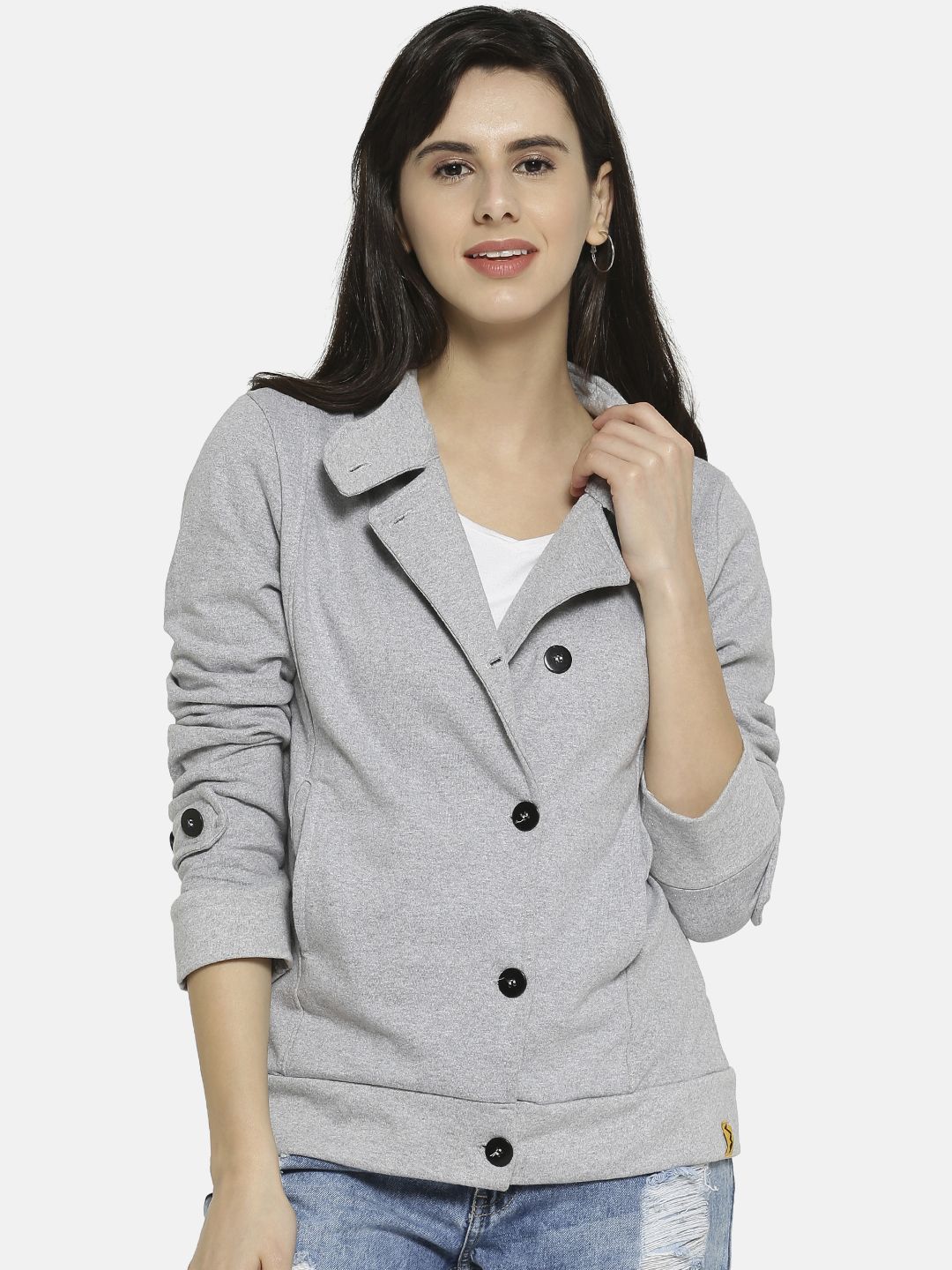 Campus Sutra Women Grey Solid Tailored Jacket Price in India