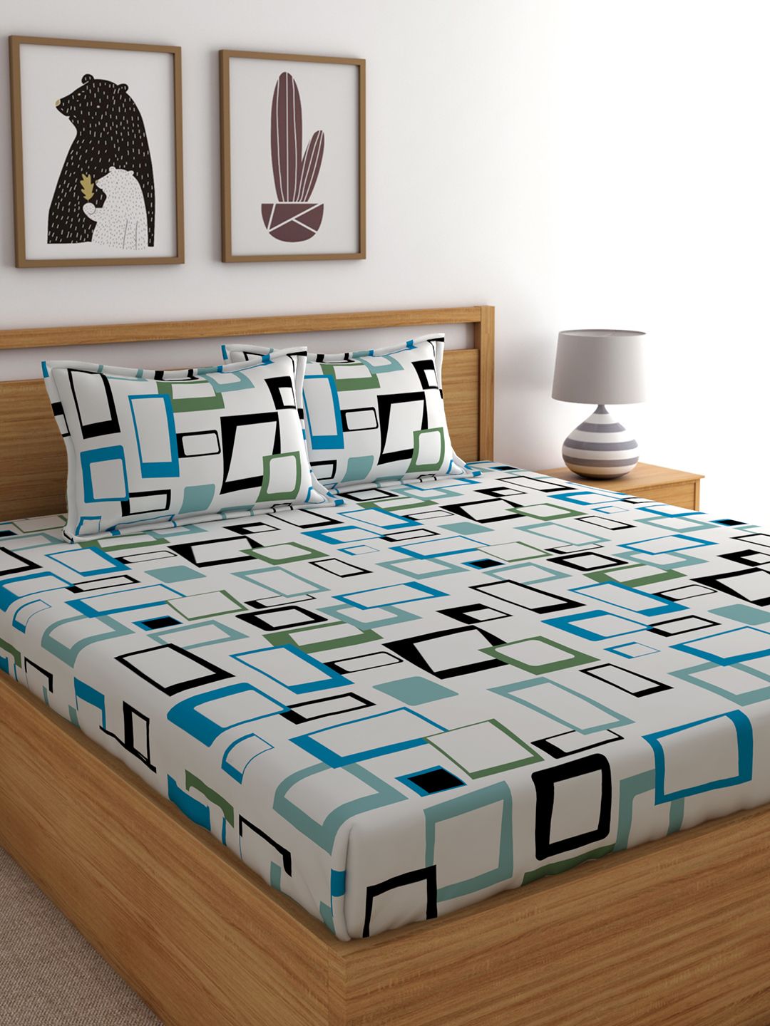 Home Ecstasy White & Blue Geometric 140 TC Cotton 1 Queen Bedsheet with 2 Pillow Covers Price in India
