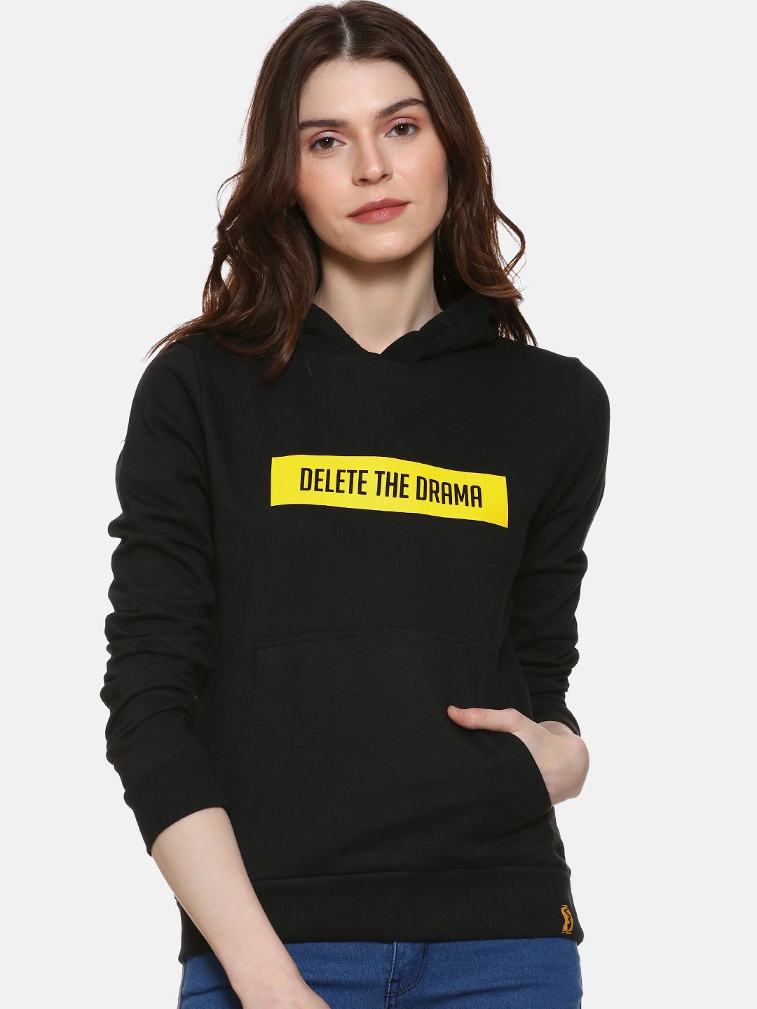 Campus Sutra Women Black Printed Hooded Sweatshirt Price in India