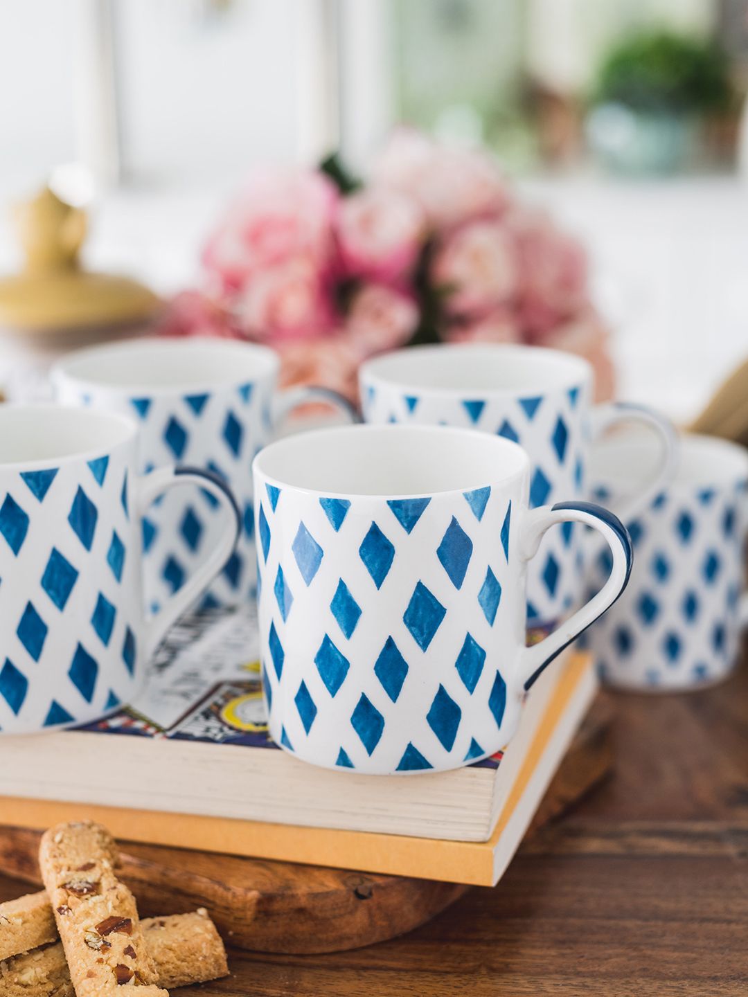 GOODHOMES White & Blue Set of 6 Printed Bone China Cup Set Price in India