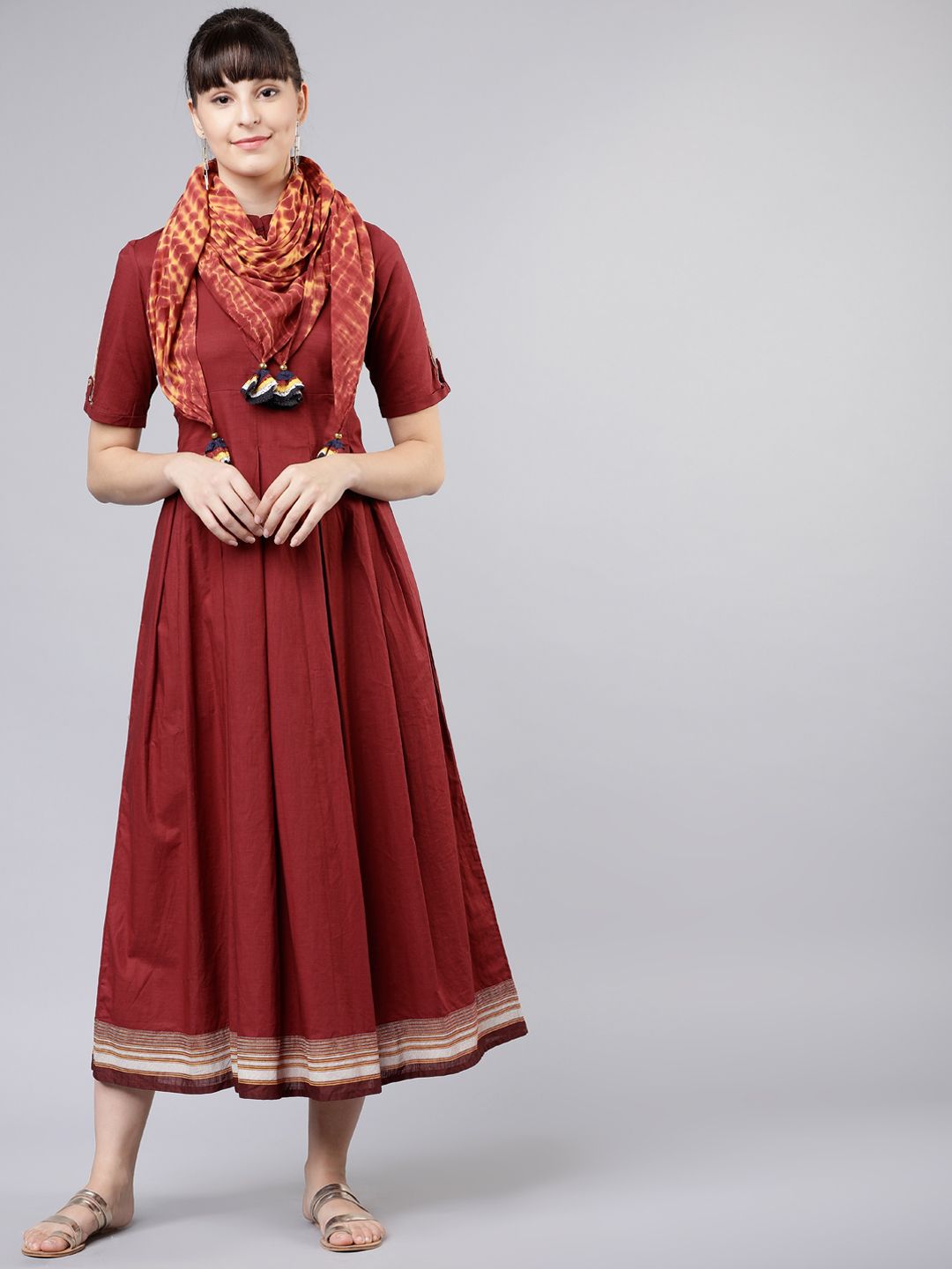 Vishudh Women Maroon Solid Fit and Flare Dress Price in India