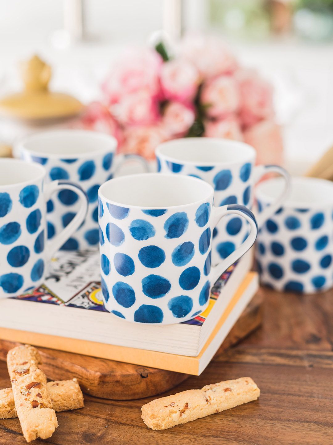 GOODHOMES White & Blue Set of 6 Printed Bone China Cup Set Price in India