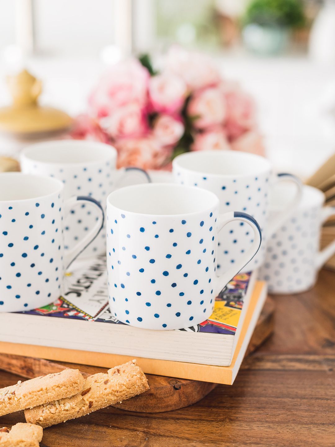 GOODHOMES White & Blue Set of 6 Printed Bone China Cup Set Price in India