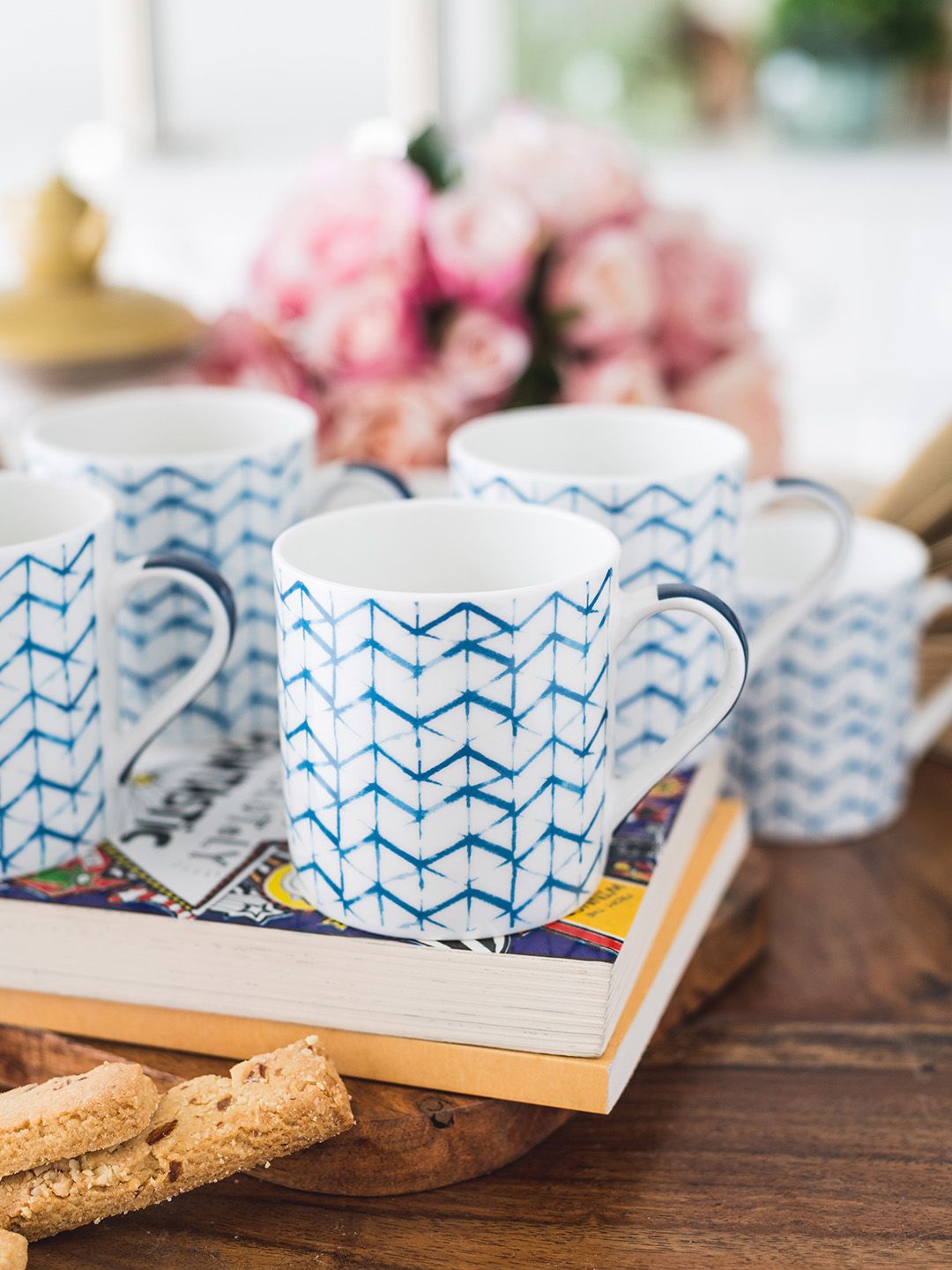 GOODHOMES White & Blue Set of 6 Printed Bone China Cup Set Price in India