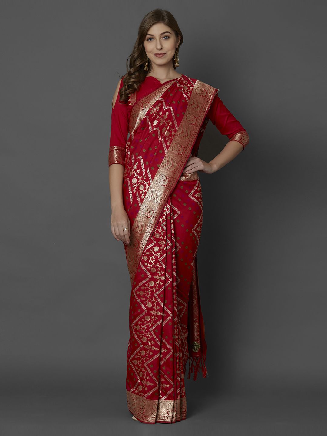 Mitera Red Silk Blend Woven Design Kanjeevaram Saree Price in India