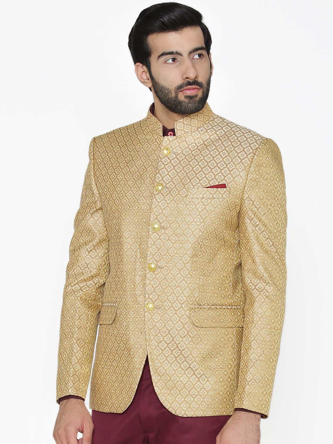 Wintage Men Beige Self-Design Tailored Fit Bandhgala Blazer